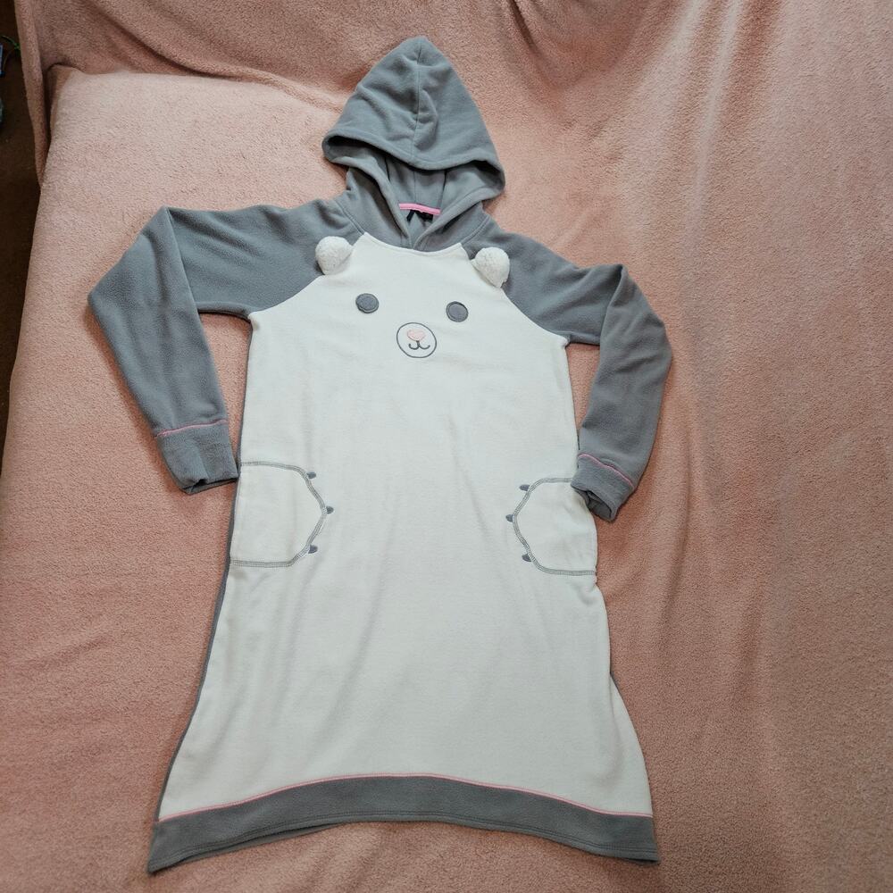 Kensie Women Long Sleeved Hooded Bear Sleepshirt Gray White XS